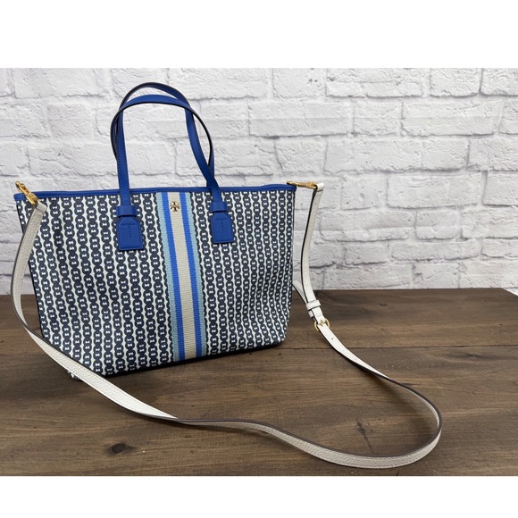 Tory Burch Gemini Link Small Tote Blue Coated Canvas Crossbody Bag Purse Carryon - Picture 2 of 16